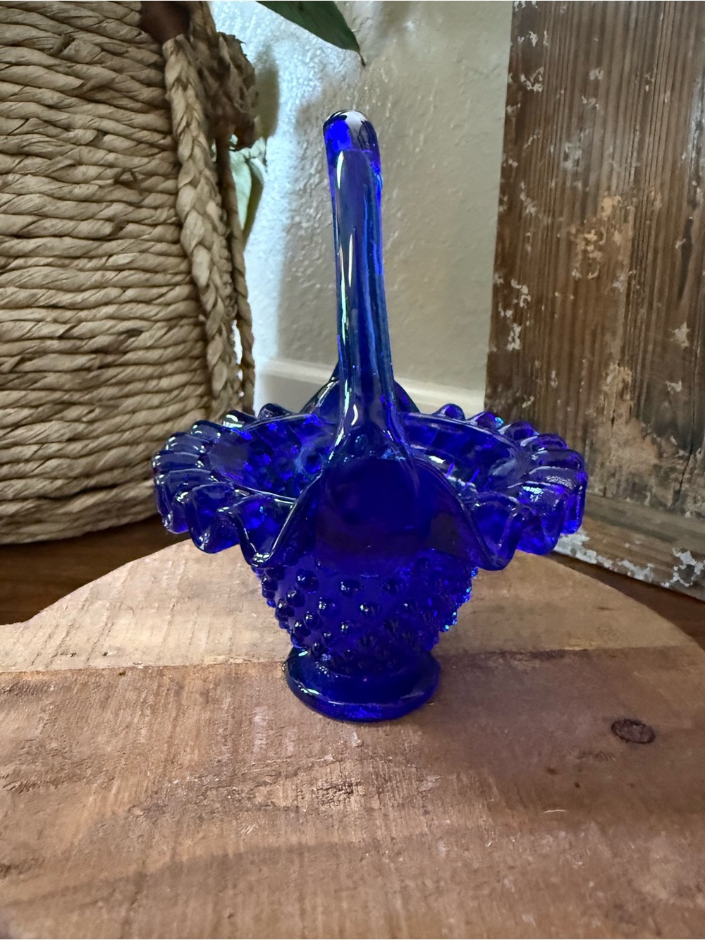 Cobalt Blue Hobnail Glass Basket 5” - Decorative Home Art